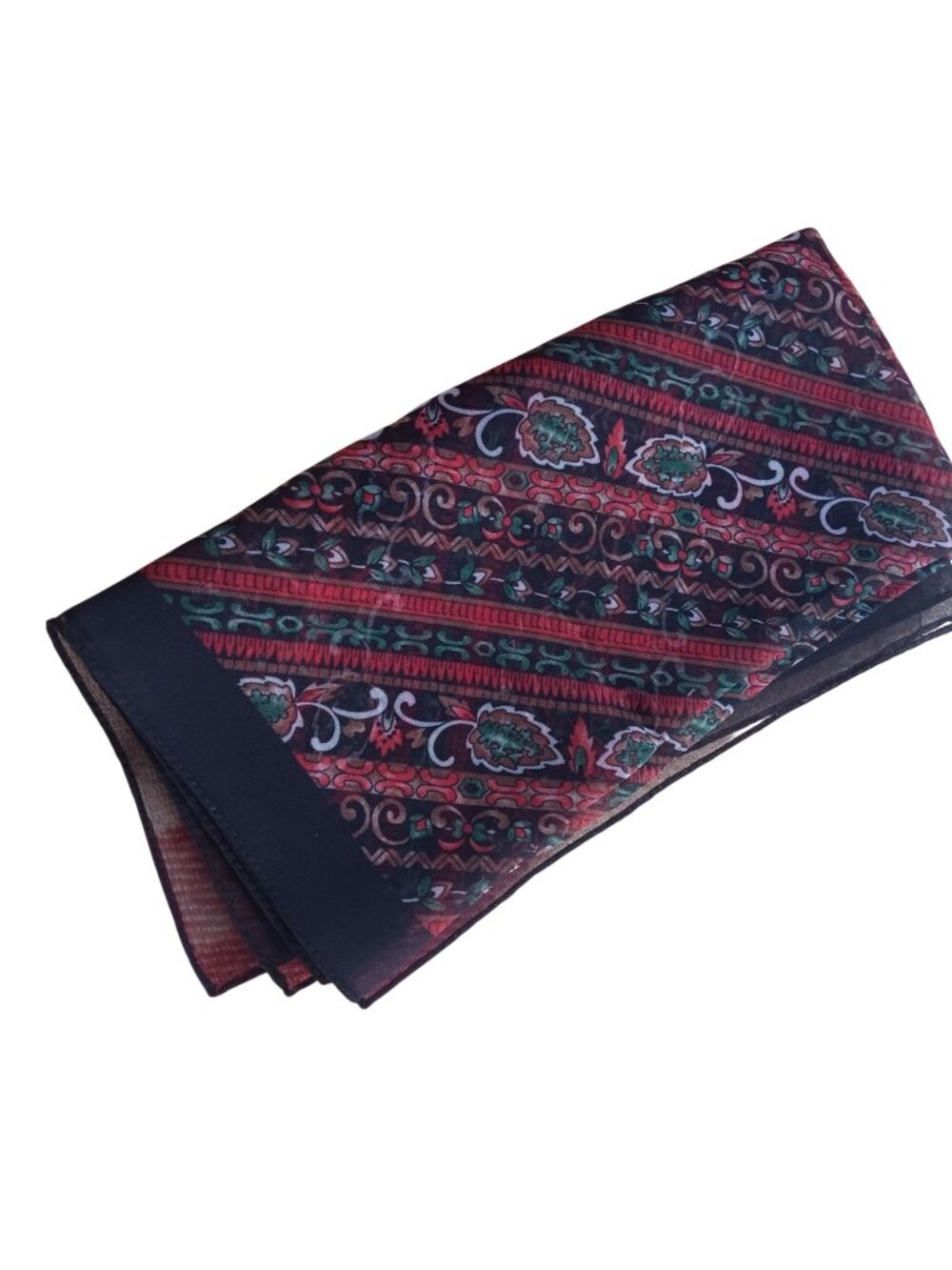 True Vintage Sheer Paisley Striped Scarf With Multicolor Design & Black Border